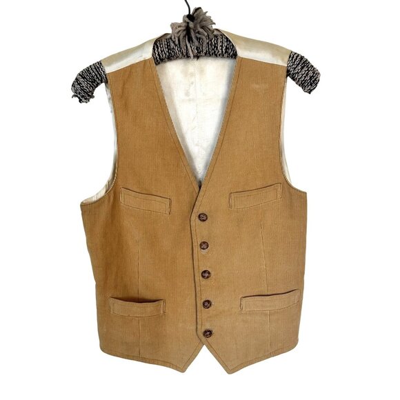 Vintage Corduroy Mens Vest 1970s Tan Satin Back & Button Front Pockets Medium - Picture 1 of 8